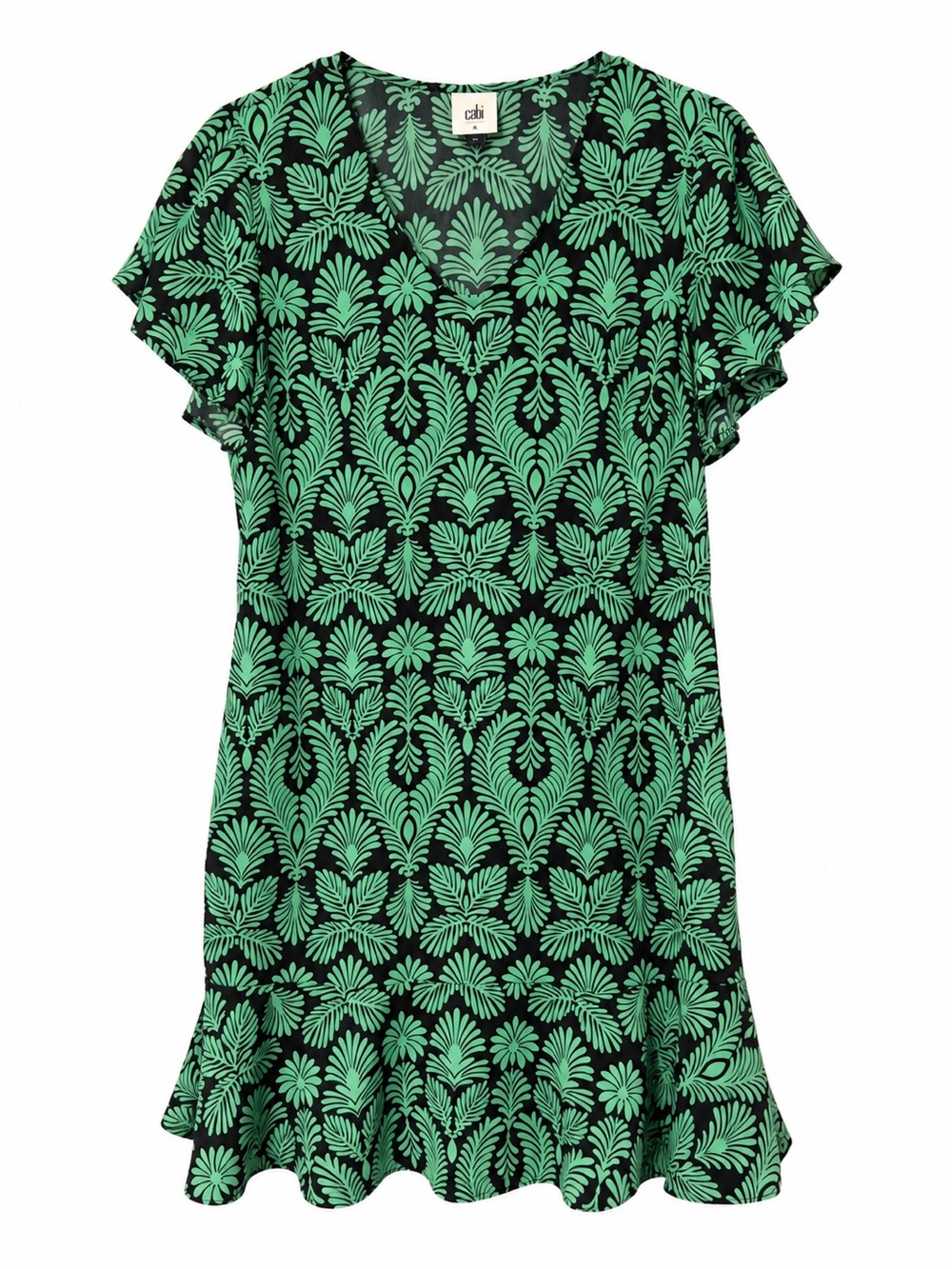 Cabi Black Green Botanical Print Flutter Sleeve Ruffle Hem Dress M